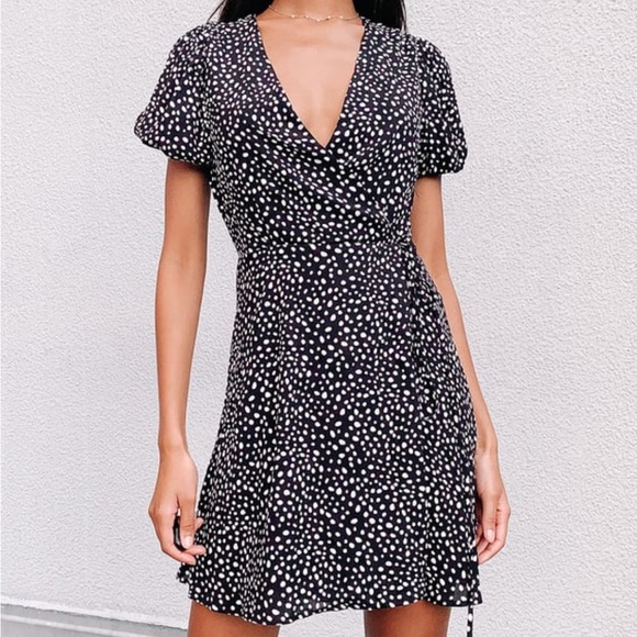 Lulu’s Your Favorite One Black Dot Print Puff Sleeve Wrap Mini Dress - Picture 2 of 9
